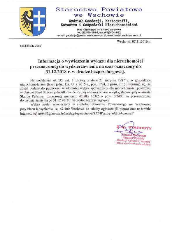 Informacja o wywieszeniu wykazu dla nieruchomości przeznaczonej do wydzierżawienia