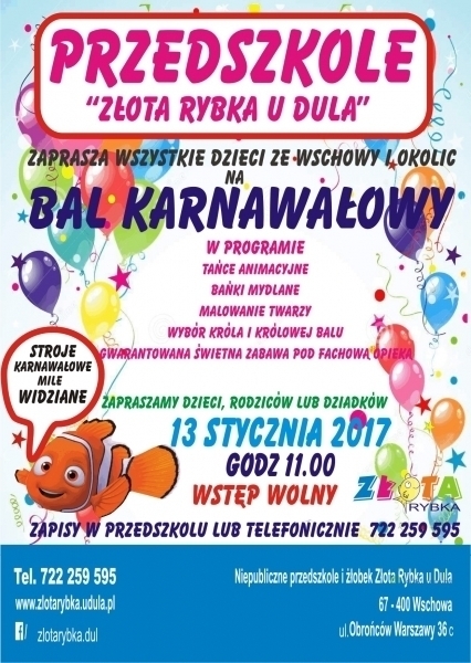 Bal Karnawałowy w Przedszkolu Złota Rybka u Dula