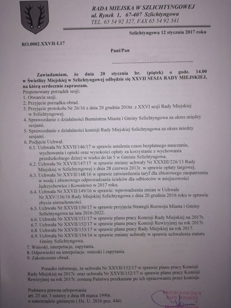 W piątek sesja Rady Miejskiej w Szlichtyngowej