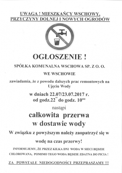 Uwaga przerwa w dostawie wody z soboty na niedzielę