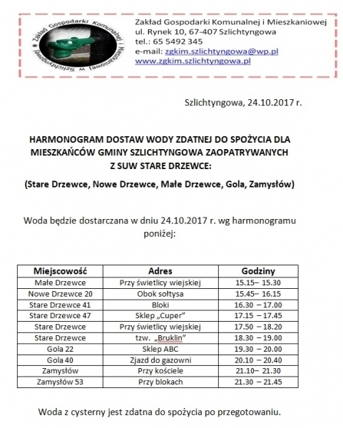 Brak wody w gminie Szlichtyngowa- mamy harmonogram dowozu