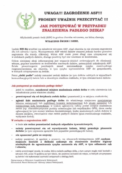 UWAGA ZAGROŻENIE ASF Afrykański Pomór Świń