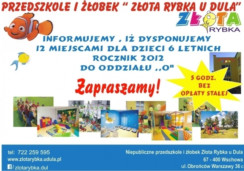 Informacja Przedszkola i Żłobka Złota Rybka u Dula