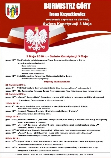 Obchody Święta Konstytucji 3 maja w Górze i imprezy towarzyszące