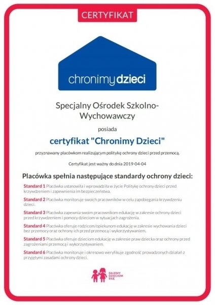 SOSW Dają dzieciom siłę otrzymali certyfikat