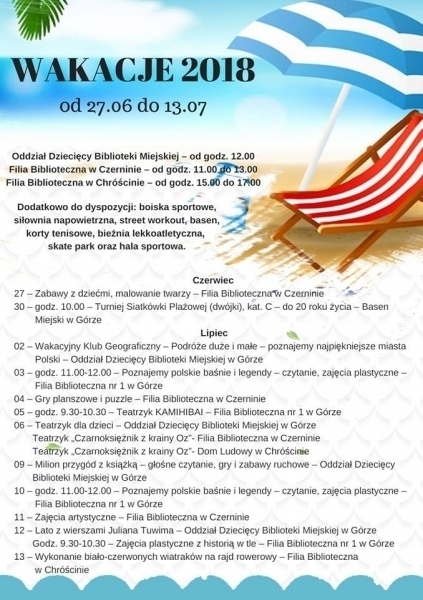 Wakacje 2018 - zajęcia w Bibliotece Miejskiej w Górze