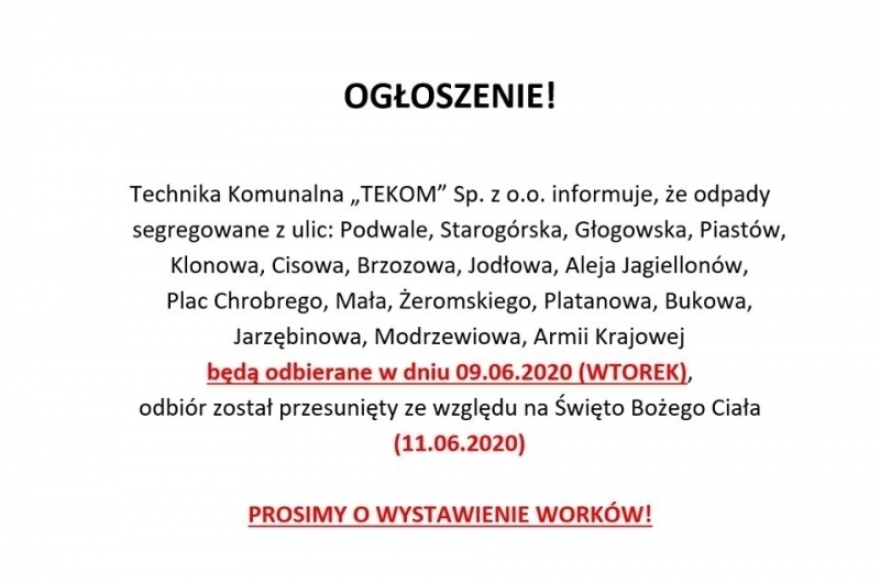 Zmiana terminu odbioru odpadów