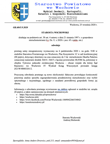 Informacja o odwołaniu przetargu