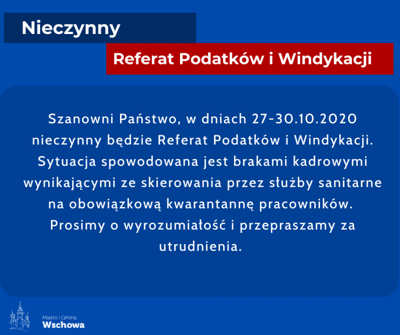 Komunikat o zawieszeniu działania Referatu Podatków i Windykacji