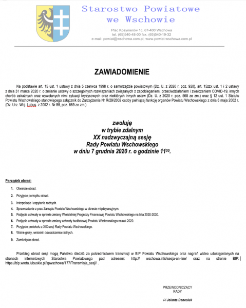XX nadzwyczajna sesja Rady Powiatu Wschowskiego ZAPOWIEDŹ