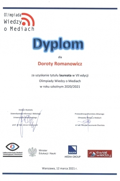 Laureatka Olimpiady Wiedzy o Mediach nagrodzona