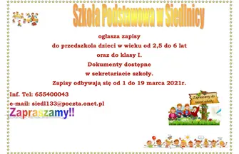 Zapisy do Przedszkola i Szkoły Podstawowej w Siedlnicy.