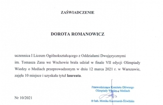 Laureatka Olimpiady Wiedzy o Mediach nagrodzona