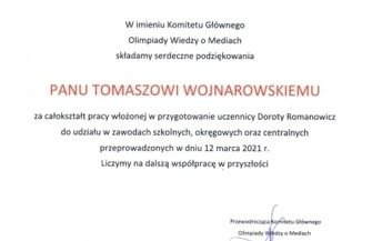 Laureatka Olimpiady Wiedzy o Mediach nagrodzona
