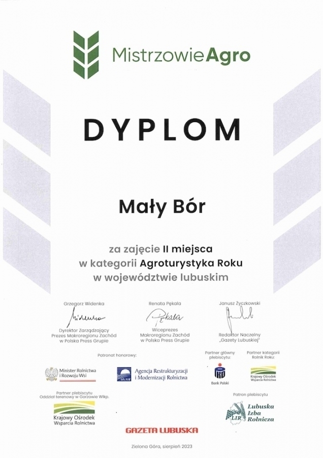 Agroturystyka Mały Bór Nagroda w Konkursie Mistrzowie Agro