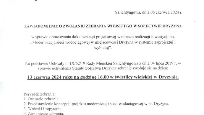Modernizacja sieci wodociągowej w Dryżynie. Burmistrz zaprasza na zebranie