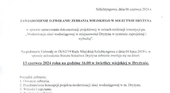 Modernizacja sieci wodociągowej w Dryżynie. Burmistrz zaprasza na zebranie