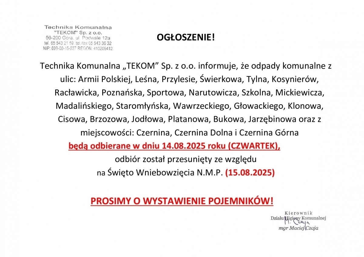 Zmiany w odbiorze odpadów za 15 sierpnia. Sprawdź nowy termin dla swojej ulicy i wsi