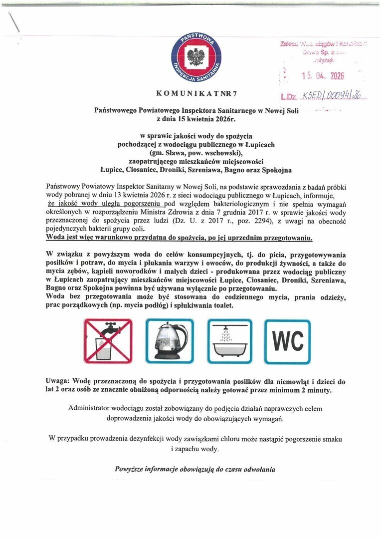 Woda tylko po przegotowaniu. Sanepid ostrzega sześć wsi w gminie Sława