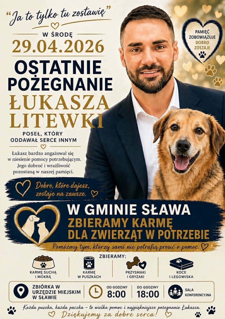 Zbiórka karmy w sławskim magistracie. Tak pożegnają Łukasza Litewkę