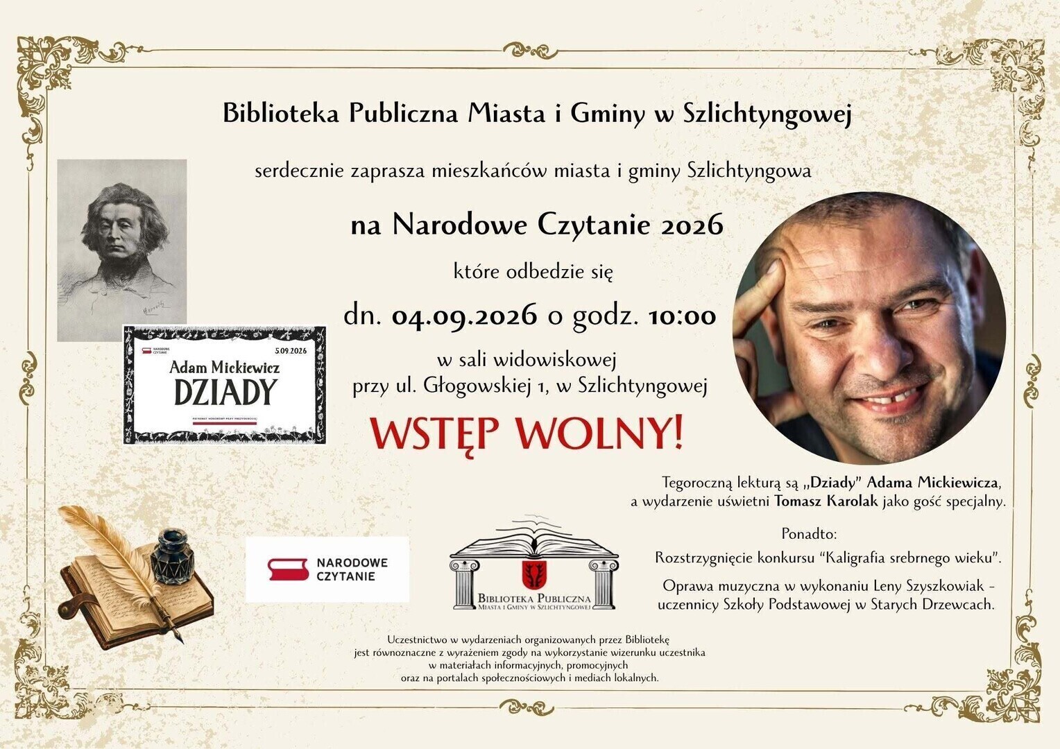 Narodowe Czytanie z Tomaszem Karolakiem w Szlichtyngowej